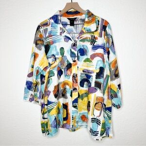 Ali Miles Colorful Geometric Button Front Tunic 3/4 Sleeves Linen Blend size 1X